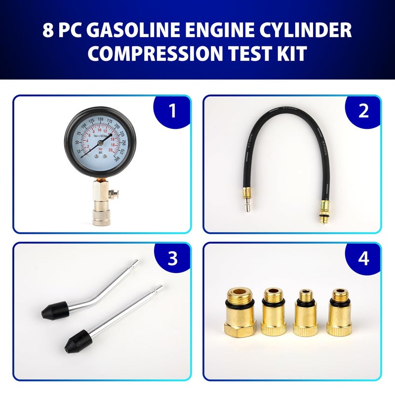 Gnhydxfe Compression Tester, 8pcs Engine Compression Tester kit Professional Petrol Gas Engine Cylinder Pressure Gauge 0-300 PSI Automotive Tool for Motorcycle Car Truck (Blue) - Image 2